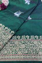 Exquisite Green Handloom Banarasi Pure Katan Silk Flower Design Saree - Luxurion World