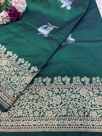 Exquisite Green Handloom Banarasi Pure Katan Silk Flower Design Saree - Luxurion World