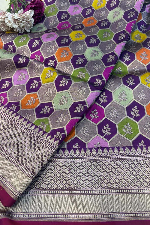Multicolor Handloom Banarasi Pure Katan Silk Rangkat Design Saree - Luxurion World
