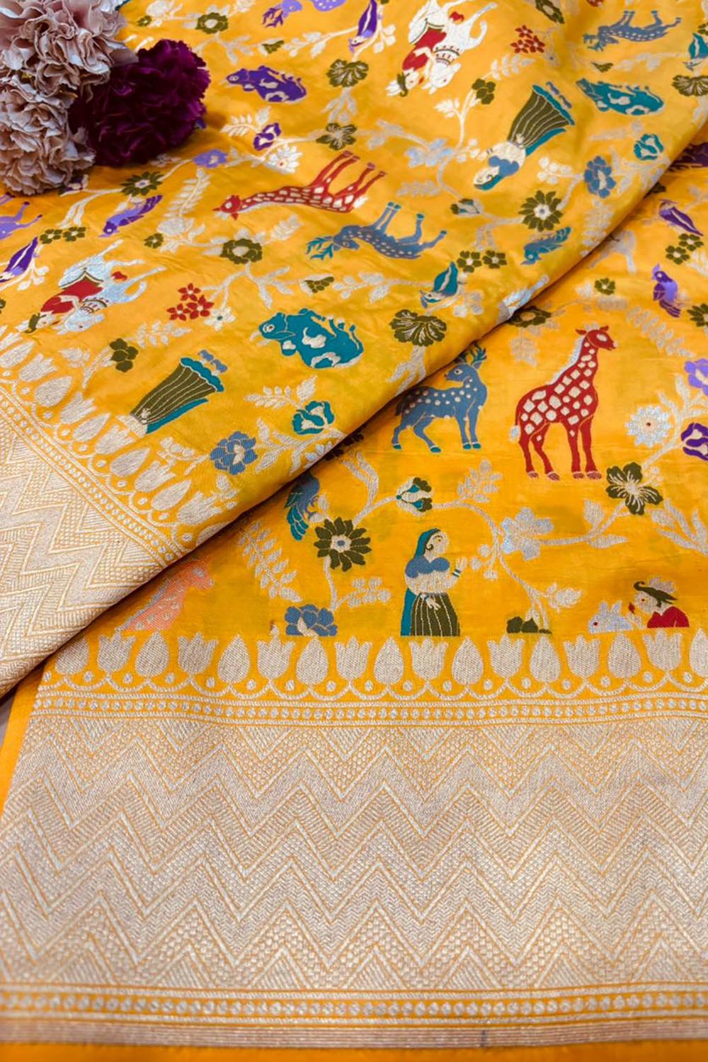 Yellow Handloom Banarasi Pure Katan Silk Meenakari Saree - Luxurion World