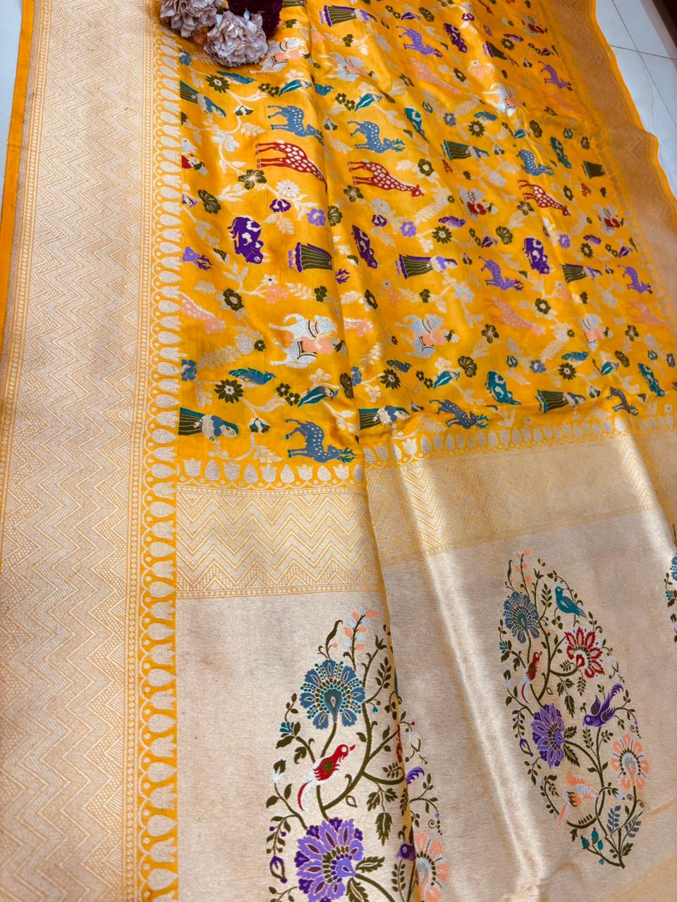 Yellow Handloom Banarasi Pure Katan Silk Meenakari Saree - Luxurion World