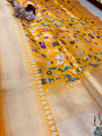 Yellow Handloom Banarasi Pure Katan Silk Meenakari Saree - Luxurion World