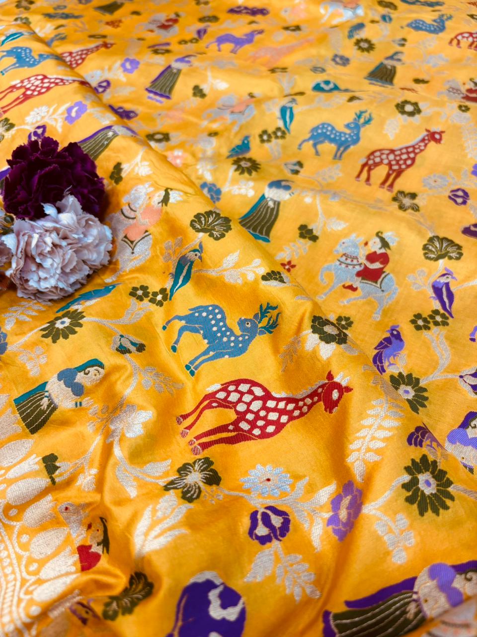 Yellow Handloom Banarasi Pure Katan Silk Meenakari Saree - Luxurion World