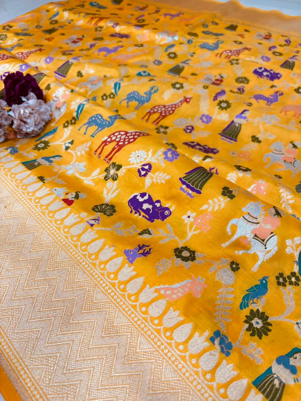 Yellow Handloom Banarasi Pure Katan Silk Meenakari Saree - Luxurion World