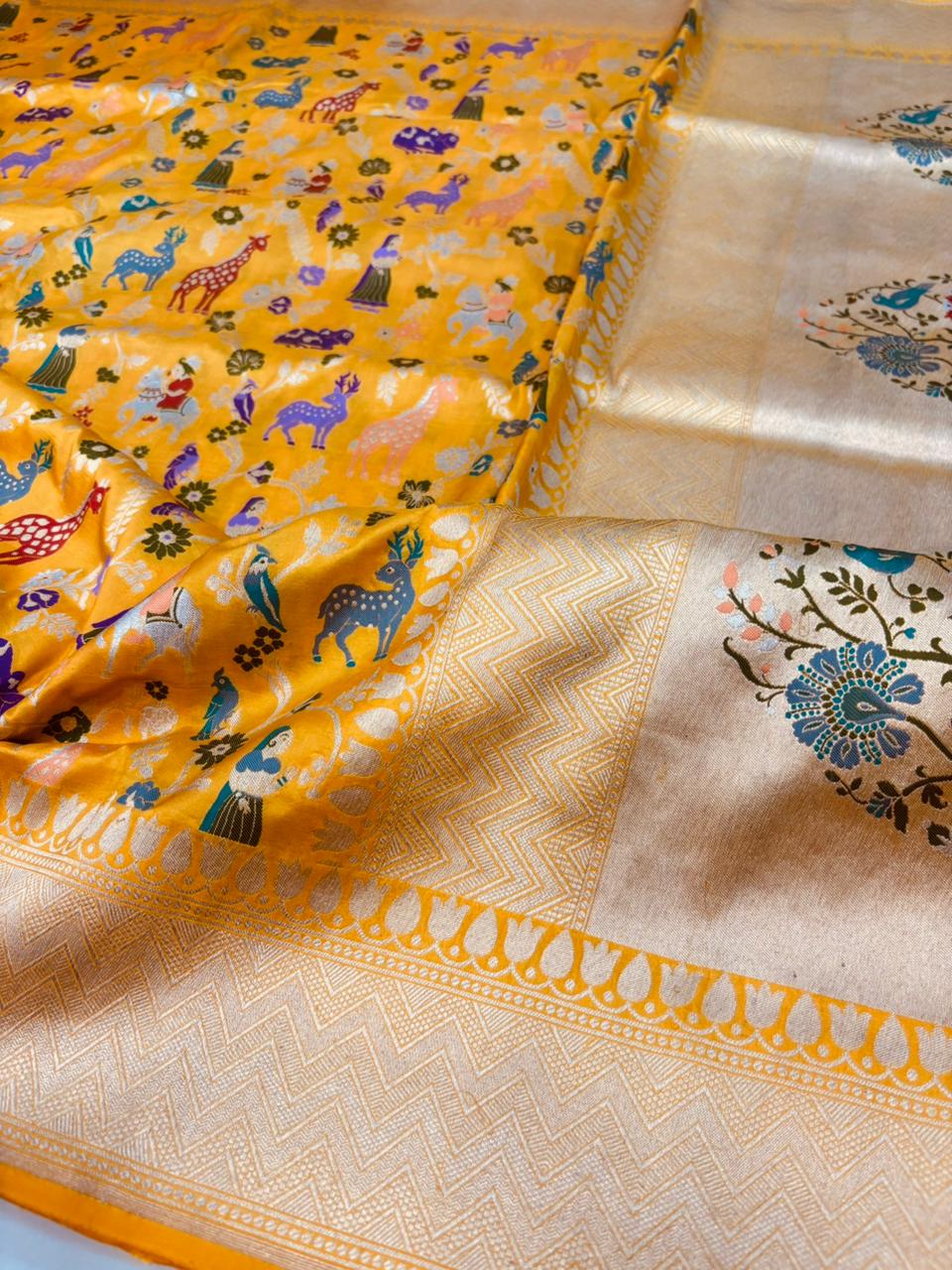 Yellow Handloom Banarasi Pure Katan Silk Meenakari Saree - Luxurion World