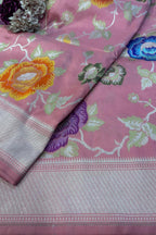 Exquisite Pink Handloom Banarasi Pure Katan Silk Flower Design Meenakari Saree - Luxurion World
