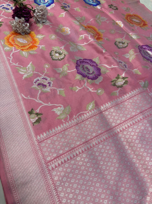 Exquisite Pink Handloom Banarasi Pure Katan Silk Flower Design Meenakari Saree - Luxurion World