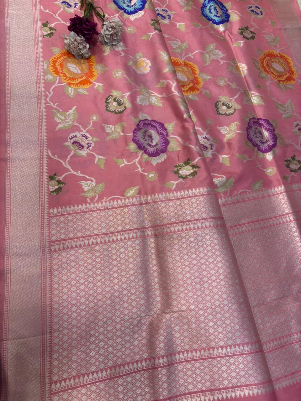 Exquisite Pink Handloom Banarasi Pure Katan Silk Flower Design Meenakari Saree - Luxurion World