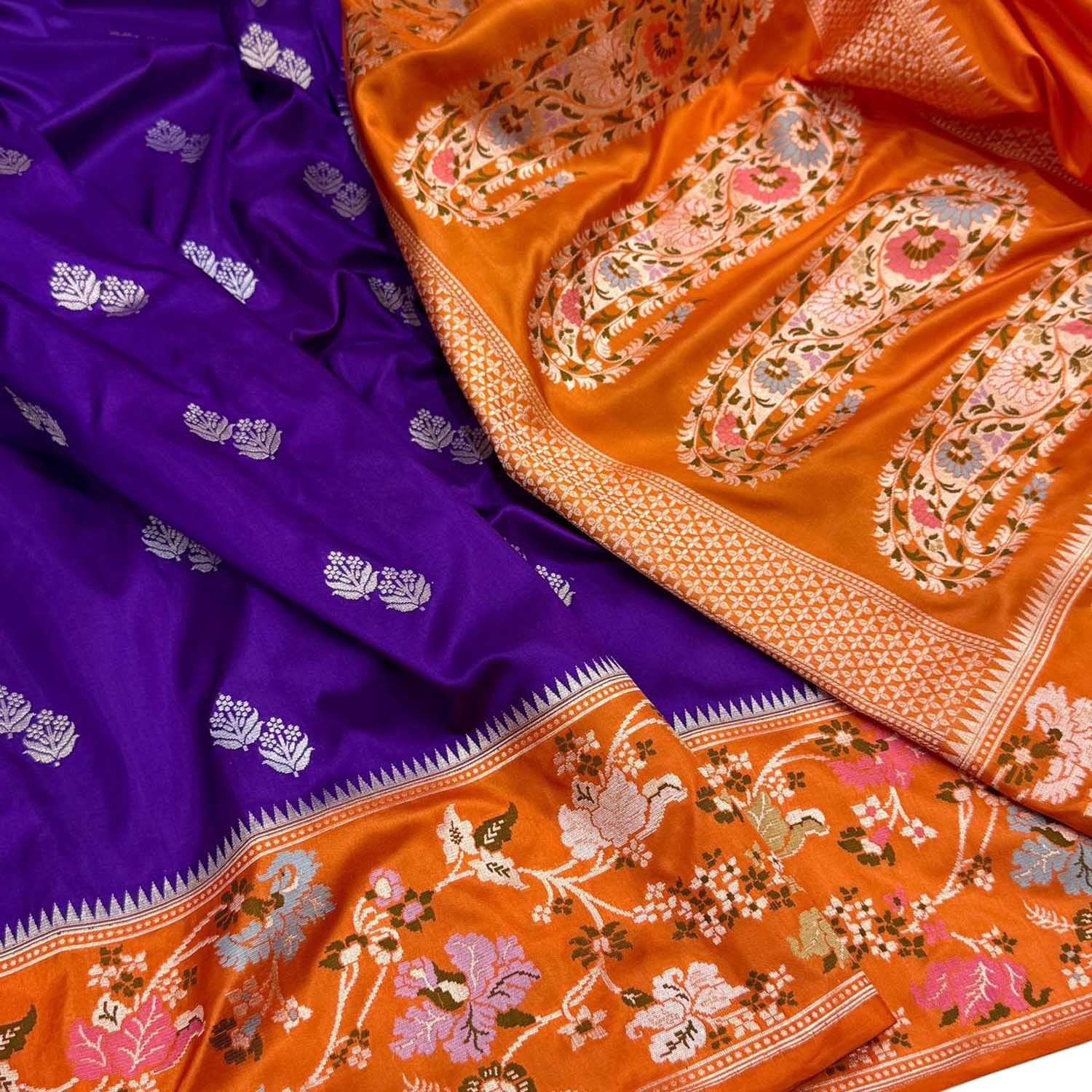 Purple Pure Katan Silk Banarasi Handloom Orange Meenakari Skirt Border Saree - Luxurion World
