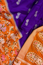 Purple Pure Katan Silk Banarasi Handloom Orange Meenakari Skirt Border Saree - Luxurion World