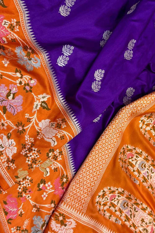 Purple Pure Katan Silk Banarasi Handloom Orange Meenakari Skirt Border Saree - Luxurion World