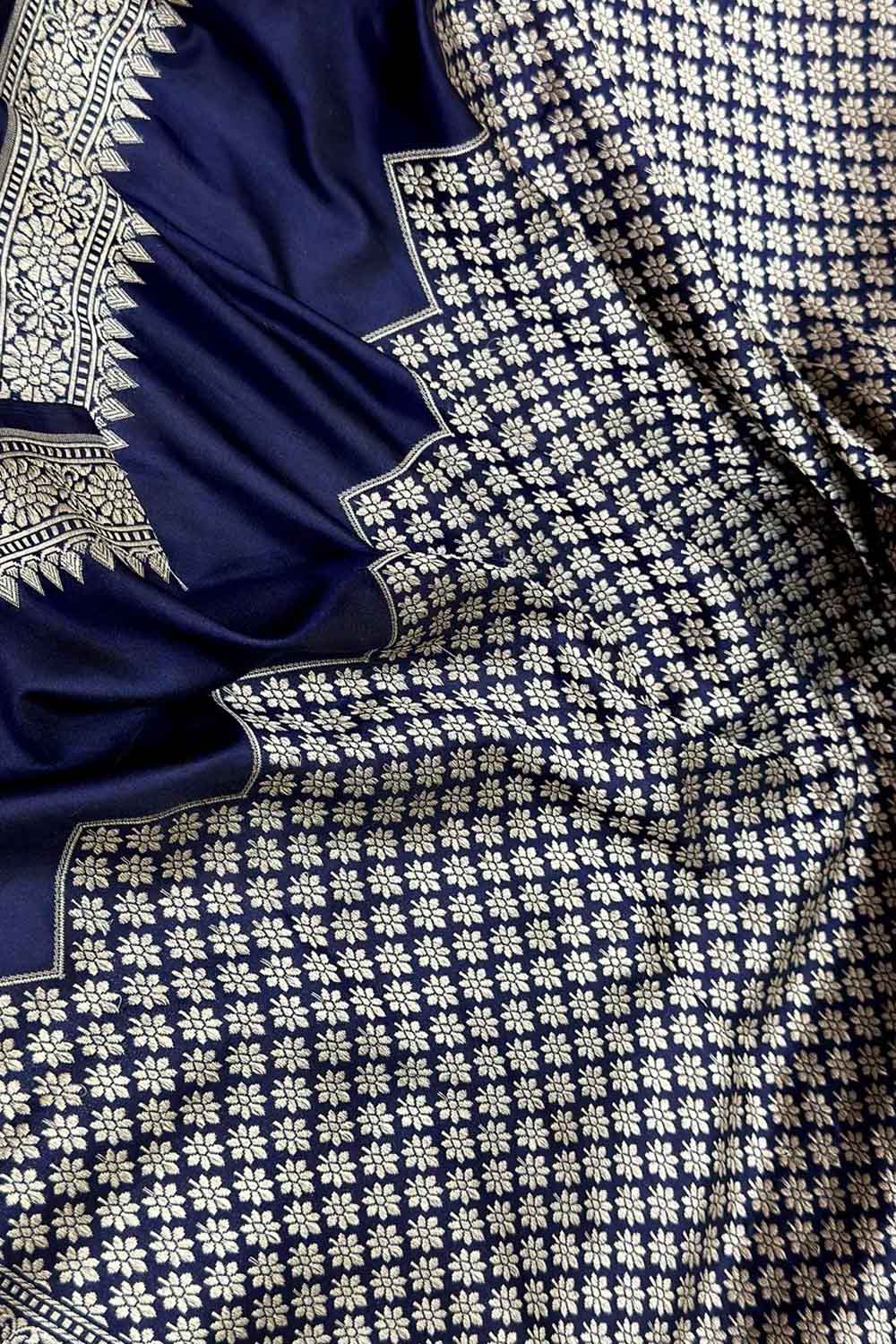 Blue Pure Katan Silk Banarasi Handloom Geomatric Pattern Saree - Luxurion World