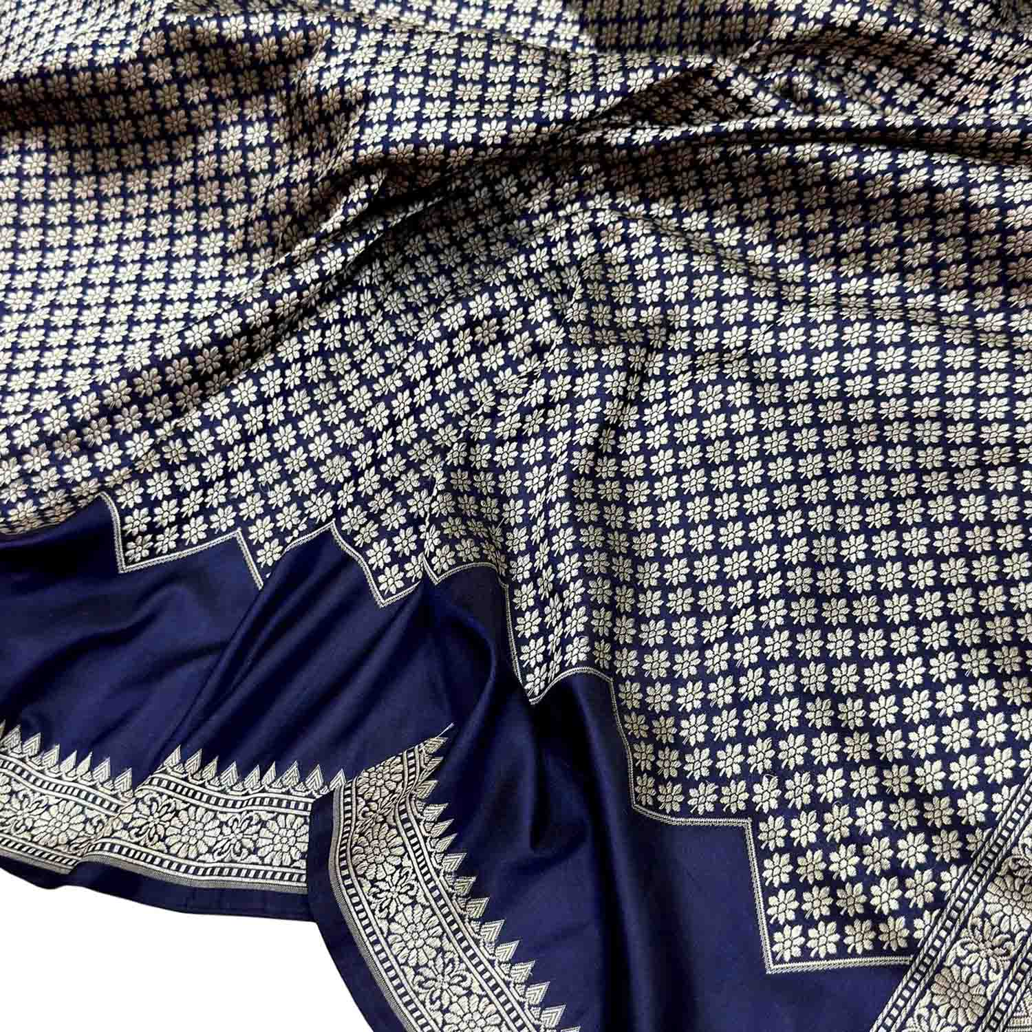 Blue Pure Katan Silk Banarasi Handloom Geomatric Pattern Saree - Luxurion World