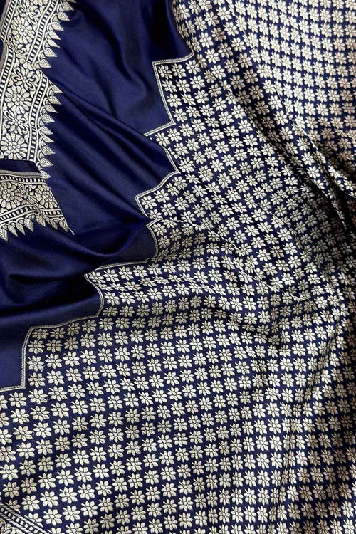 Blue Pure Katan Silk Banarasi Handloom Geomatric Pattern Saree - Luxurion World