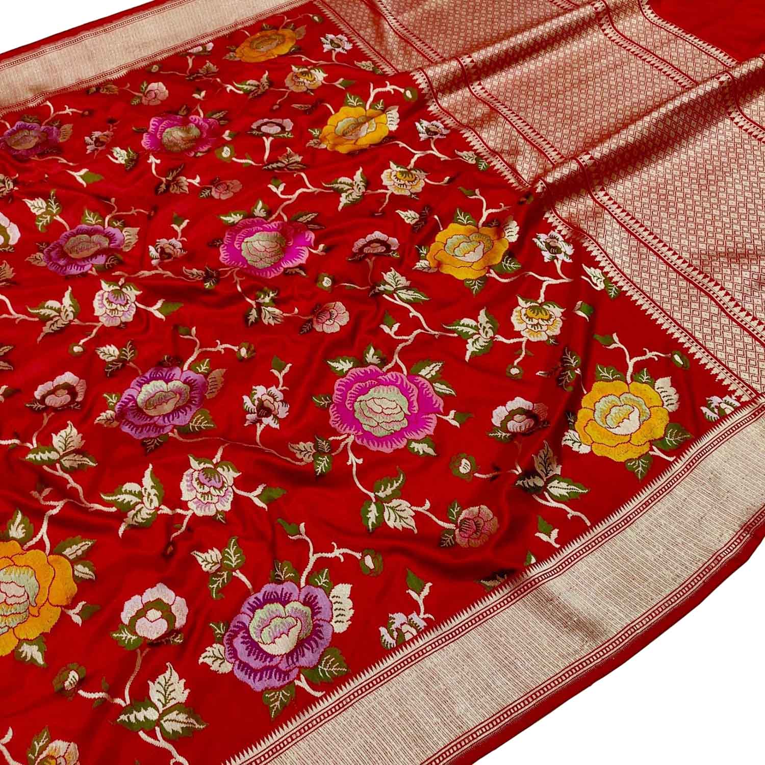 Red Pure Katan Silk Banarasi Handloom Meenakari Work Saree - Luxurion World