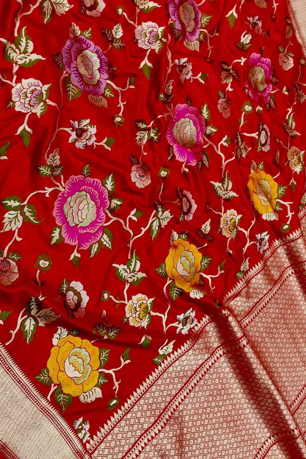 Red Pure Katan Silk Banarasi Handloom Meenakari Work Saree - Luxurion World