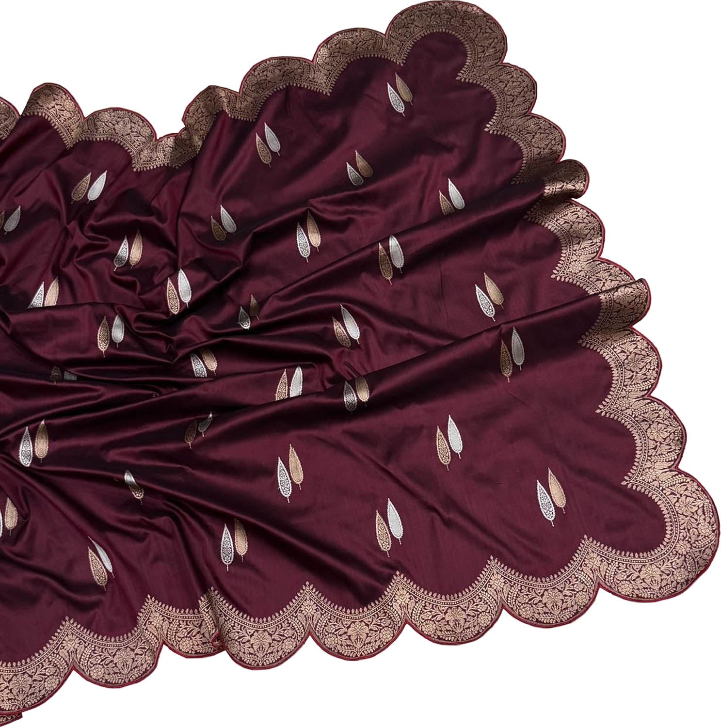 Maroon Pure Katan Silk Banarasi Handloom Sona Roopa Scallop Border Saree - Luxurion World