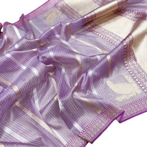 Purple Pure Kora Tissue Silk Handloom Banarasi Woven Meenakari Skirt Border Saree - Luxurion World