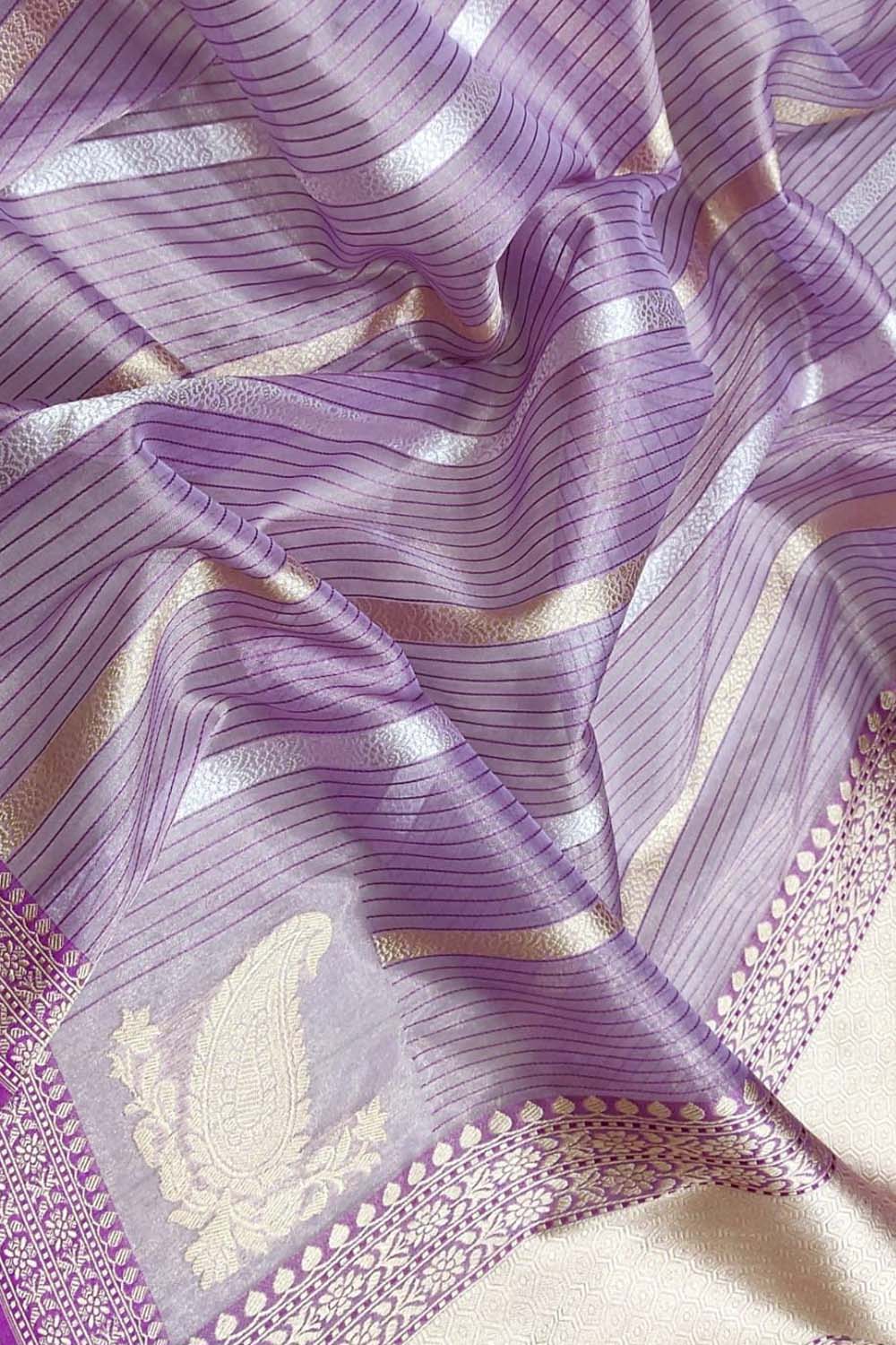 Purple Pure Kora Tissue Silk Handloom Banarasi Woven Meenakari Skirt Border Saree - Luxurion World