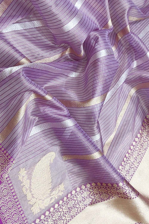 Purple Pure Kora Tissue Silk Handloom Banarasi Woven Meenakari Skirt Border Saree - Luxurion World
