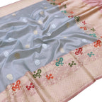 Blue Pure Kora Tissue Silk Handloom Banarasi Woven Meenakari Skirt Border Saree - Luxurion World