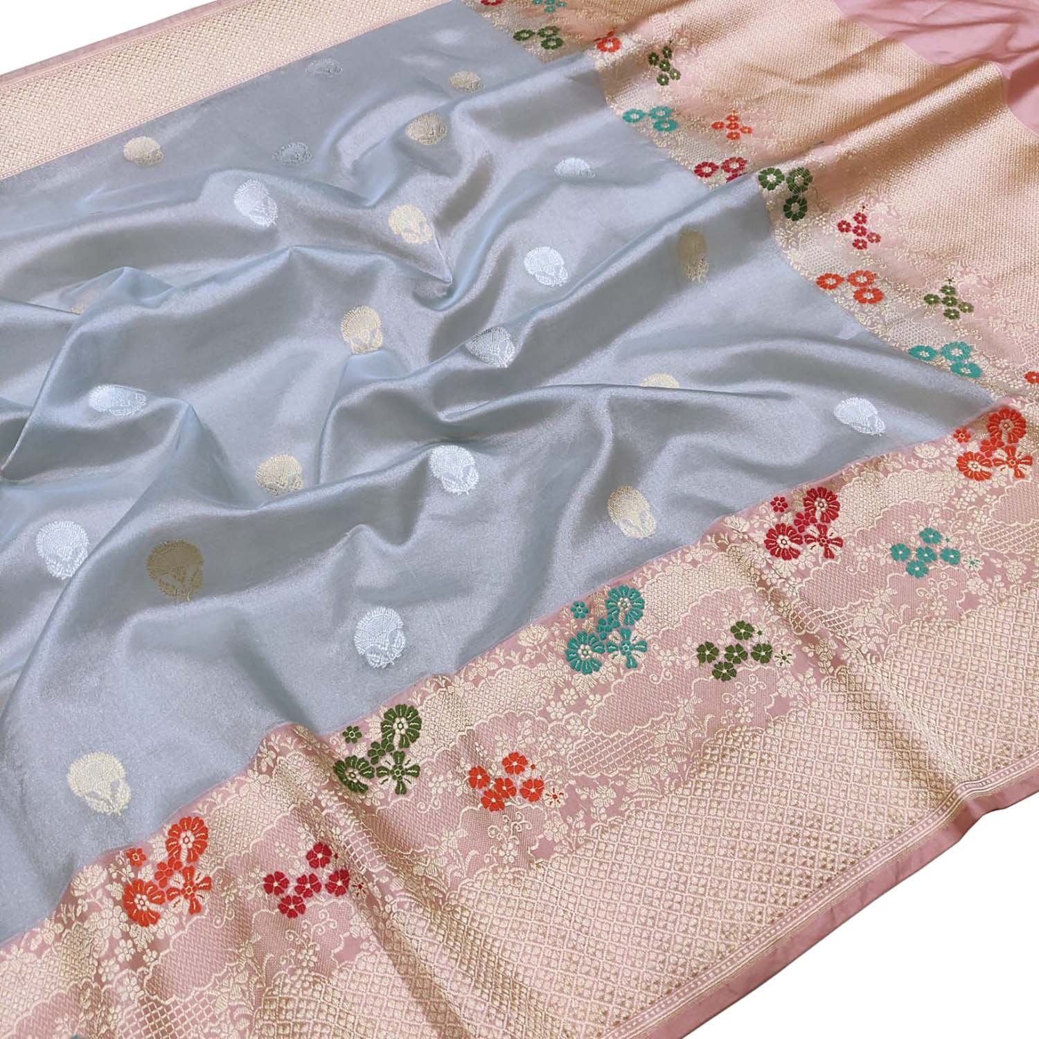 Blue Pure Kora Tissue Silk Handloom Banarasi Woven Meenakari Skirt Border Saree - Luxurion World