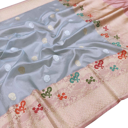 Blue Pure Kora Tissue Silk Handloom Banarasi Woven Meenakari Skirt Border Saree - Luxurion World