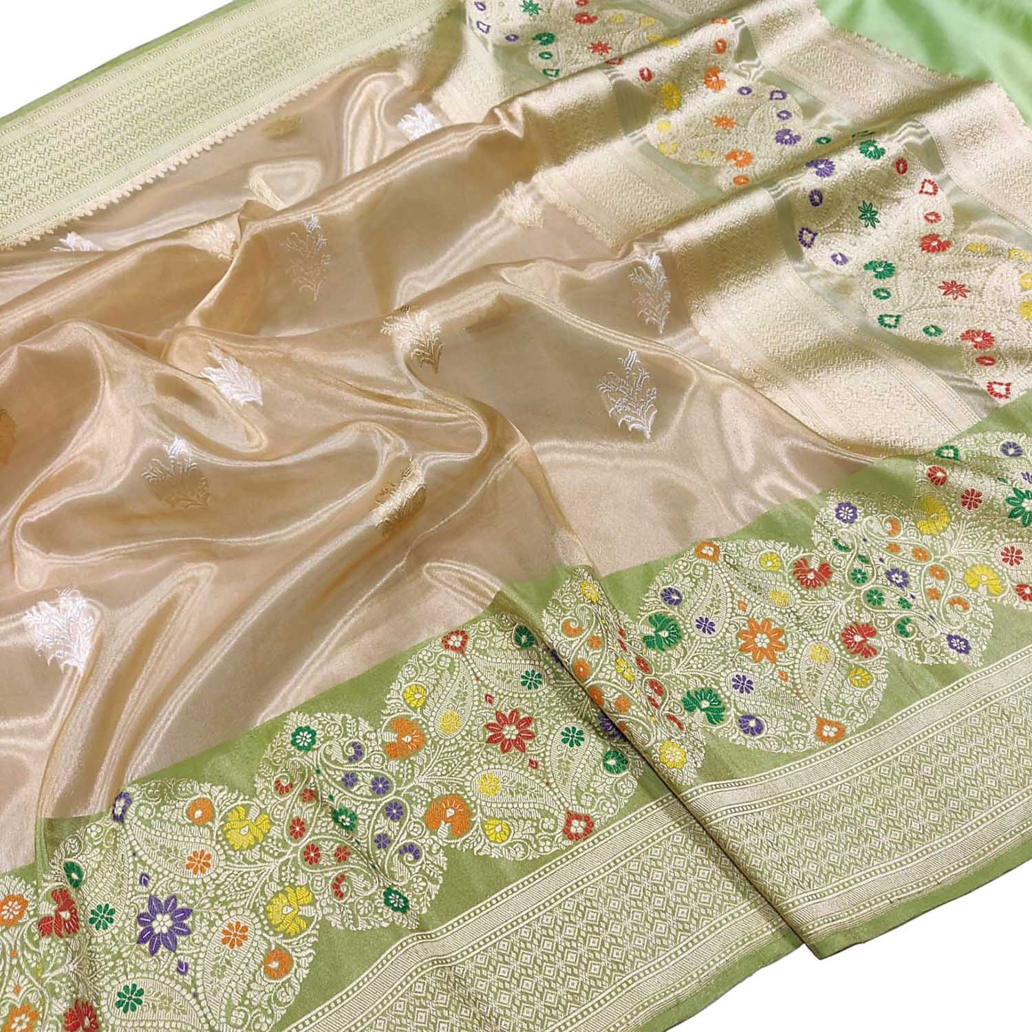 Pastel Pure Kora Tissue Silk Handloom Banarasi Woven Meenakari Skirt Border Saree - Luxurion World