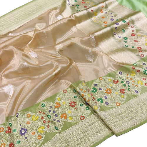 Pastel Pure Kora Tissue Silk Handloom Banarasi Woven Meenakari Skirt Border Saree - Luxurion World