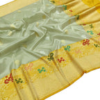 Green Pure Kora Tissue Silk Handloom Banarasi Woven Meenakari Skirt Border Saree - Luxurion World
