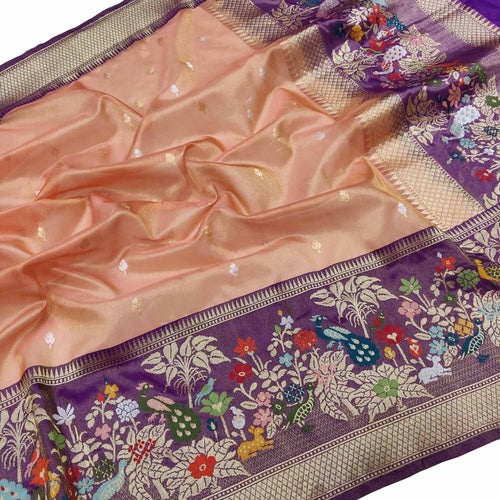 Red Pure Kora Tissue Silk Handloom Banarasi Woven Meenakari Skirt Border Saree - Luxurion World