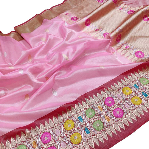 Pink Pure Kora Tissue Silk Handloom Banarasi Woven Meenakari Skirt Border Saree - Luxurion World