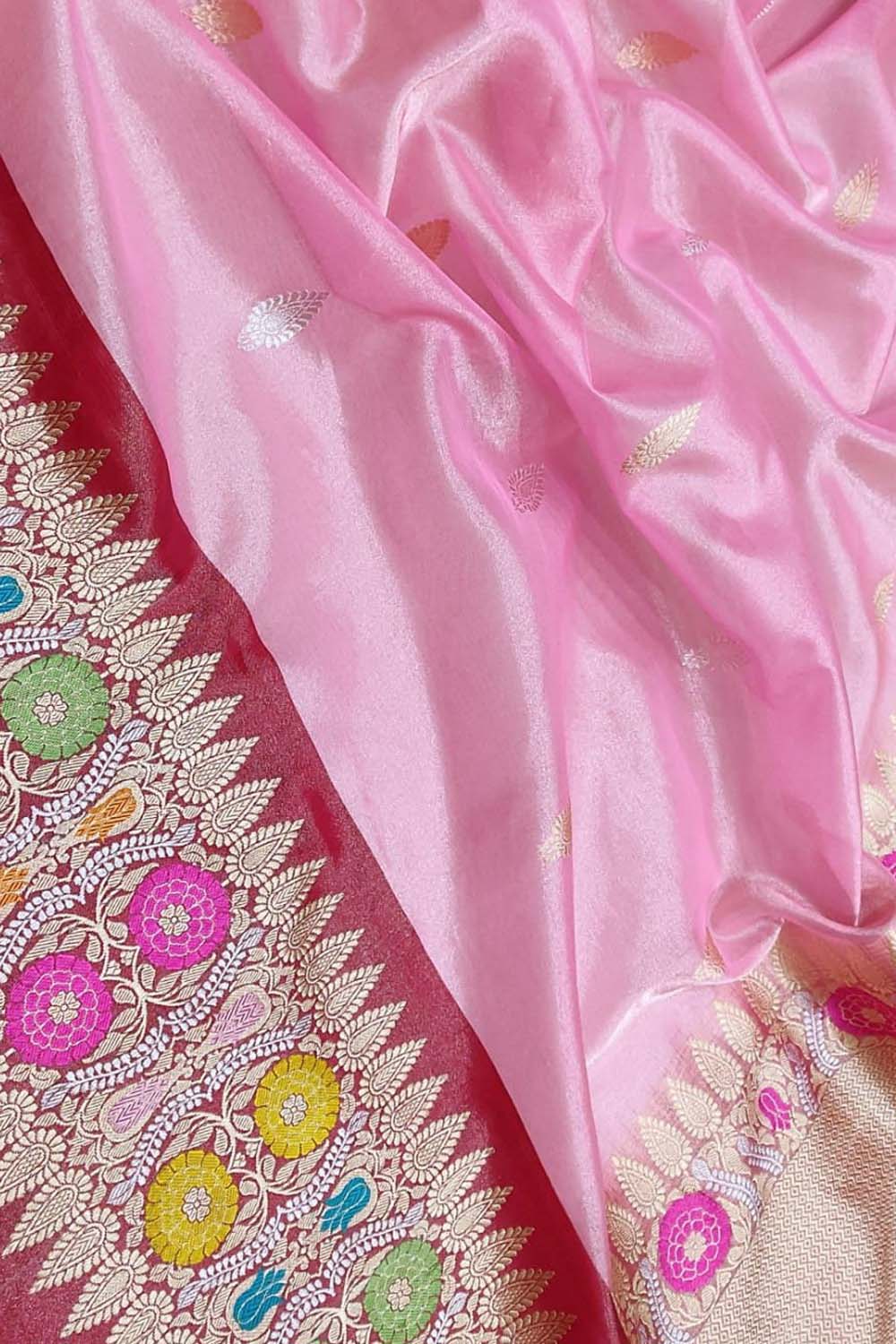 Pink Pure Kora Tissue Silk Handloom Banarasi Woven Meenakari Skirt Border Saree - Luxurion World