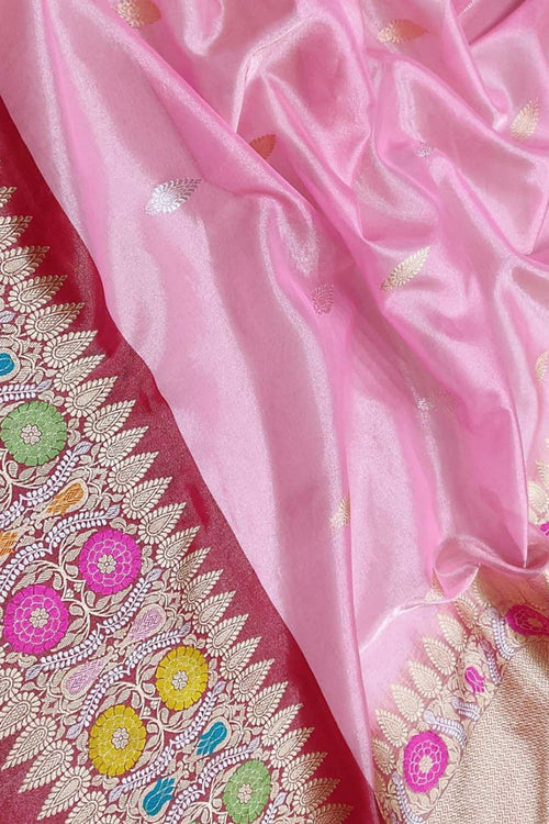 Pink Pure Kora Tissue Silk Handloom Banarasi Woven Meenakari Skirt Border Saree - Luxurion World