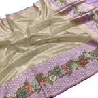 Off White Pure Kora Tissue Silk Handloom Banarasi Woven Meenakari Skirt Border Saree - Luxurion World