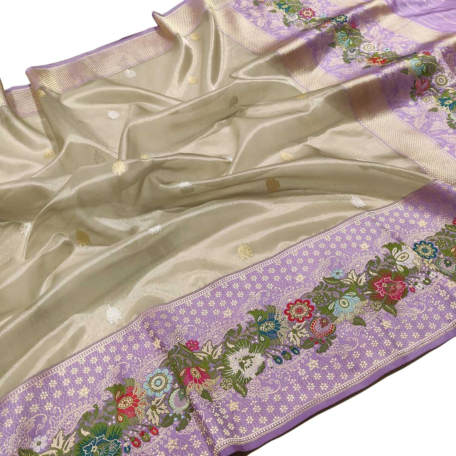 Off White Pure Kora Tissue Silk Handloom Banarasi Woven Meenakari Skirt Border Saree - Luxurion World