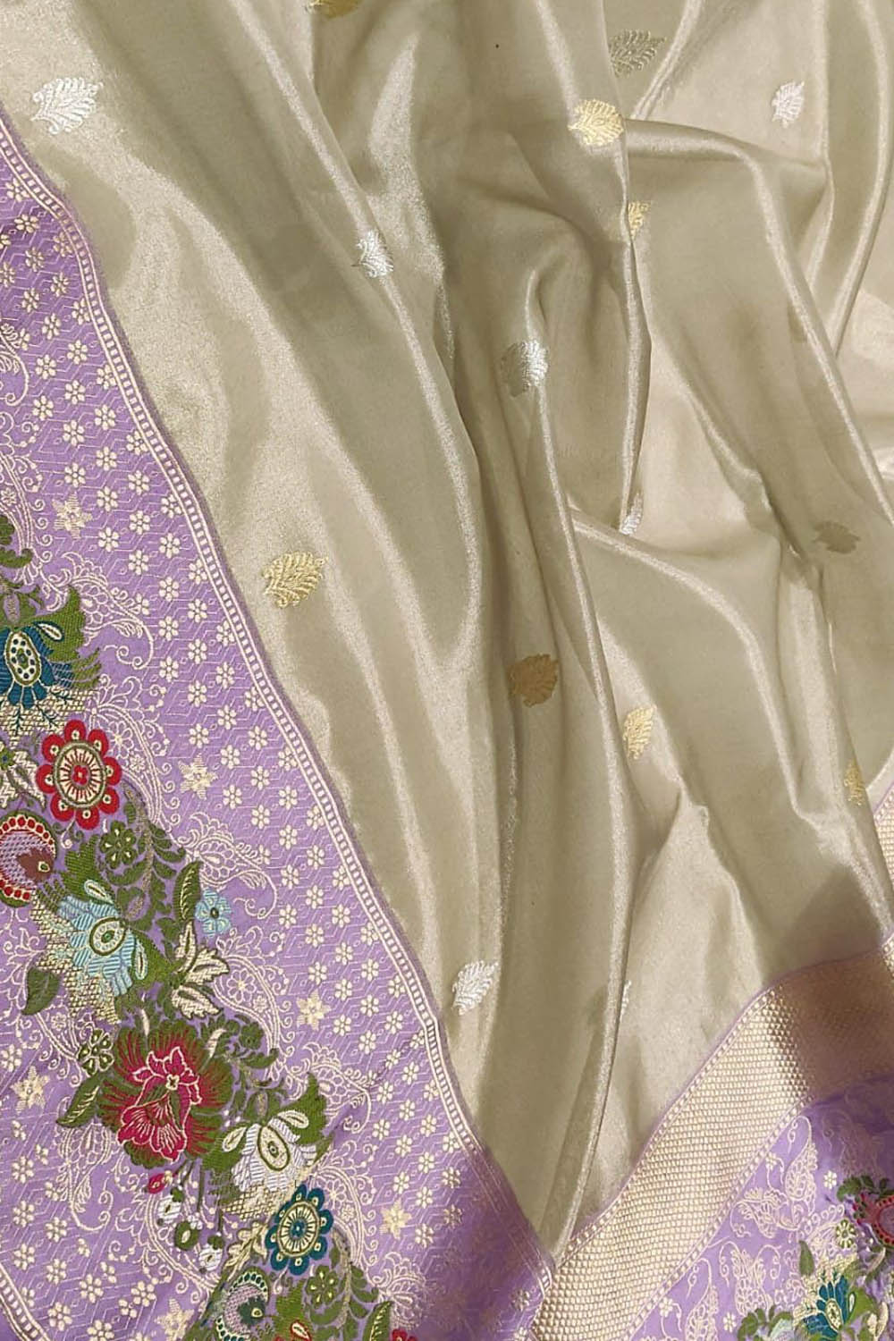 Off White Pure Kora Tissue Silk Handloom Banarasi Woven Meenakari Skirt Border Saree - Luxurion World