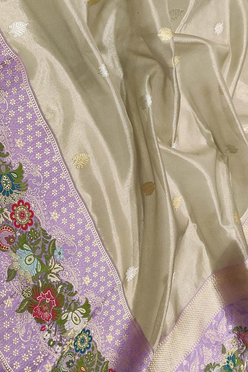 Off White Pure Kora Tissue Silk Handloom Banarasi Woven Meenakari Skirt Border Saree - Luxurion World