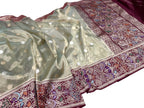 Grey Pure Kora Tissue Silk Handloom Banarasi Woven Meenakari Skirt Border Saree - Luxurion World
