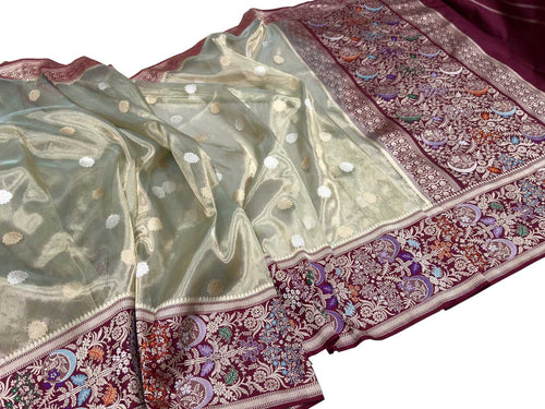 Grey Pure Kora Tissue Silk Handloom Banarasi Woven Meenakari Skirt Border Saree - Luxurion World