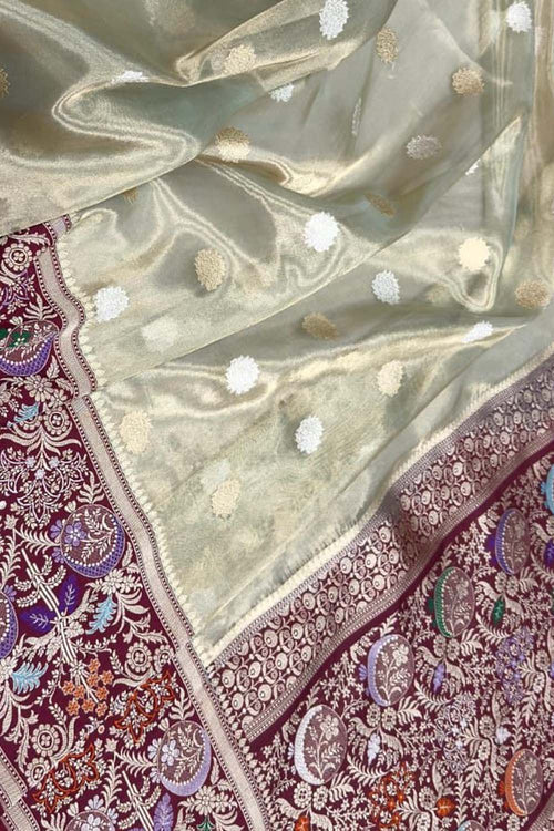 Grey Pure Kora Tissue Silk Handloom Banarasi Woven Meenakari Skirt Border Saree - Luxurion World