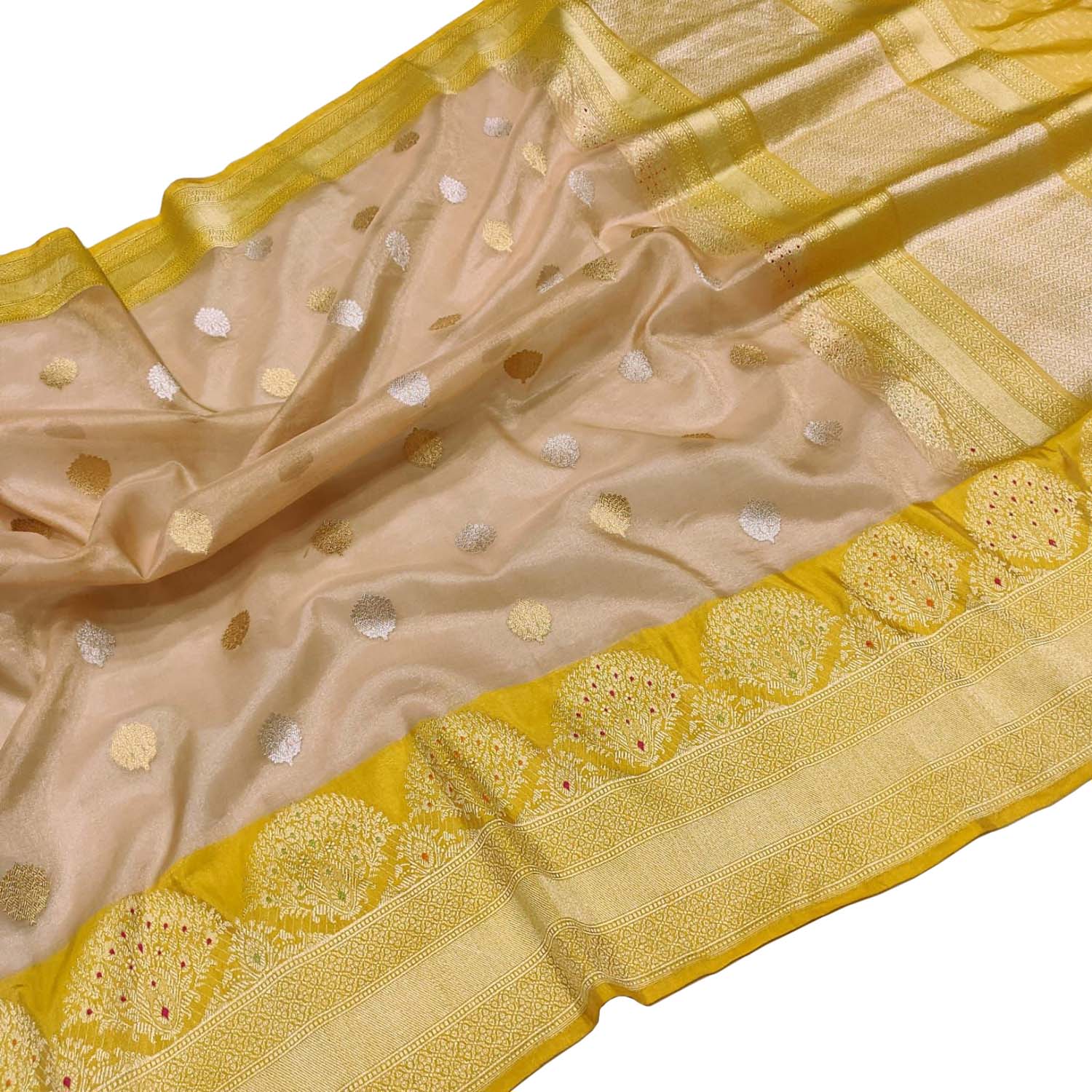 Pastel Pure Kora Tissue Silk Handloom Banarasi Woven Meenakari Skirt Border Saree - Luxurion World