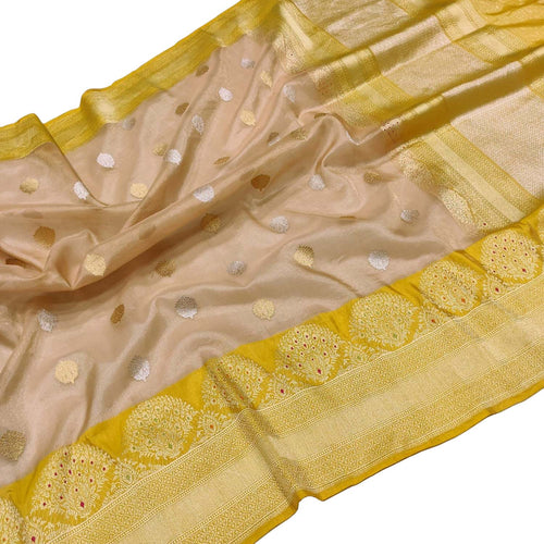 Pastel Pure Kora Tissue Silk Handloom Banarasi Woven Meenakari Skirt Border Saree - Luxurion World