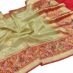 Pastel Pure Kora Tissue Silk Handloom Banarasi Woven Meenakari Skirt Border Saree - Luxurion World