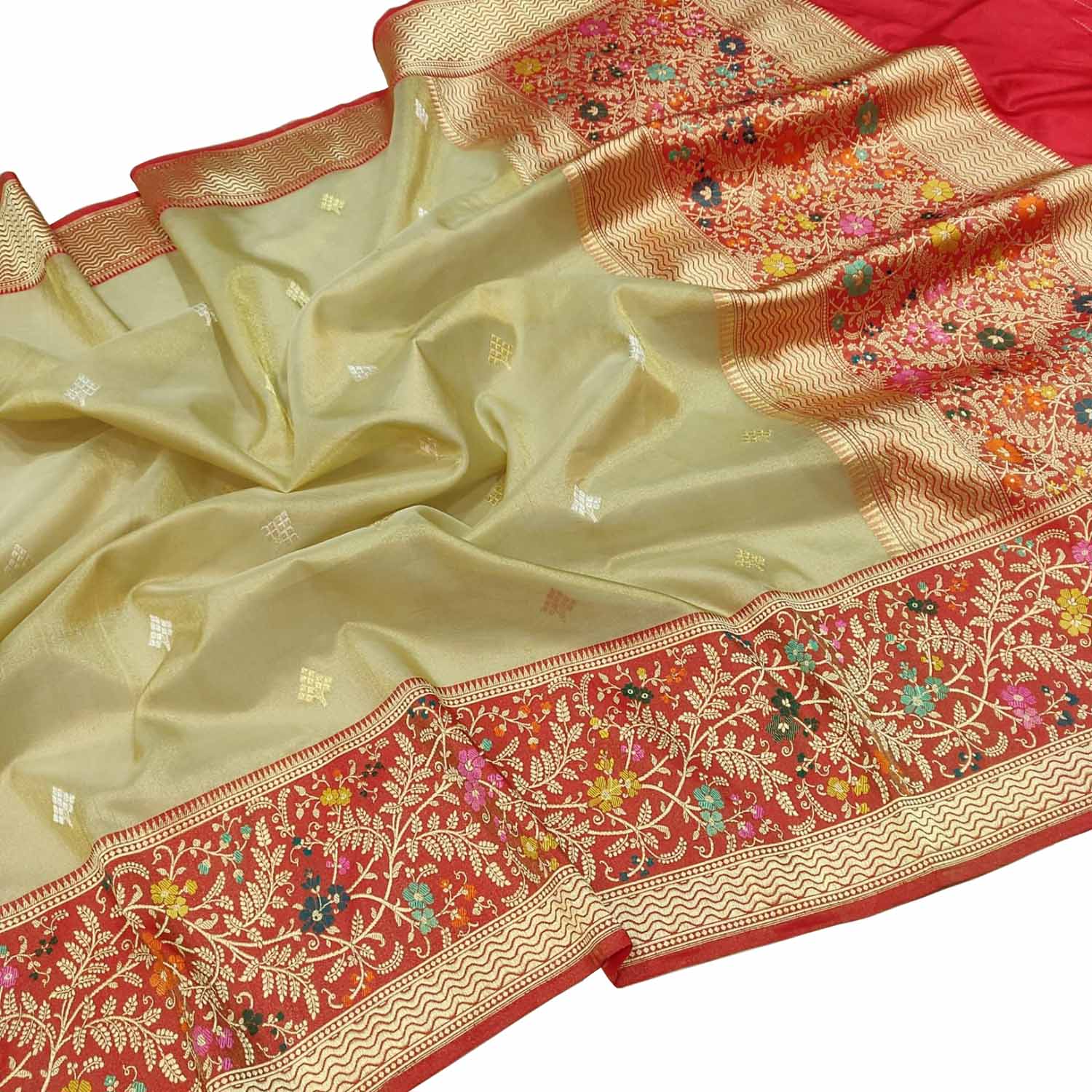 Pastel Pure Kora Tissue Silk Handloom Banarasi Woven Meenakari Skirt Border Saree - Luxurion World