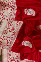 Red Handloom Banarasi Pure Katan Silk Animal Design Saree - Luxurion World