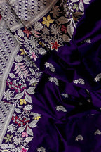Purple Handloom Banarasi Pure Katan Silk Flower Design Meenakari Saree - Luxurion World