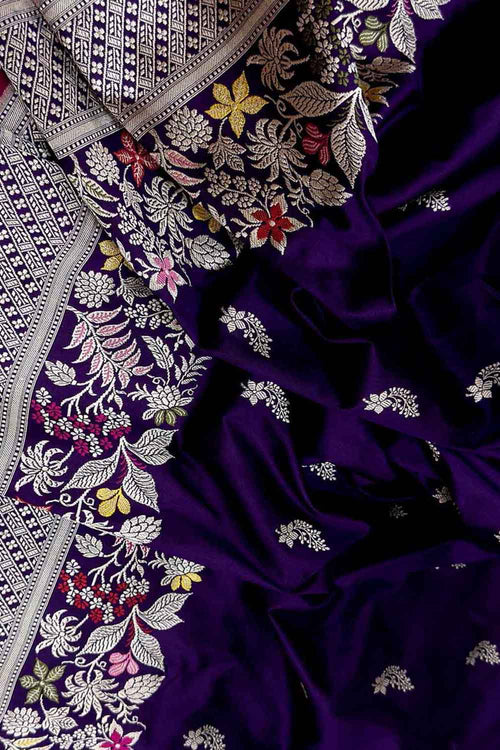 Purple Handloom Banarasi Pure Katan Silk Flower Design Meenakari Saree - Luxurion World