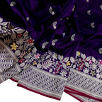 Purple Handloom Banarasi Pure Katan Silk Flower Design Meenakari Saree - Luxurion World