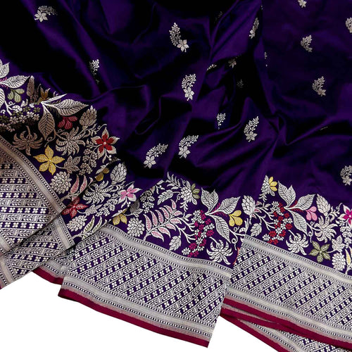 Purple Handloom Banarasi Pure Katan Silk Flower Design Meenakari Saree - Luxurion World